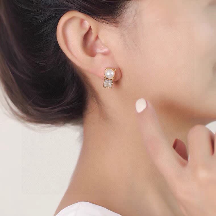 Miu Miu Gold Tone Pearl and Crystal Stud Earrings